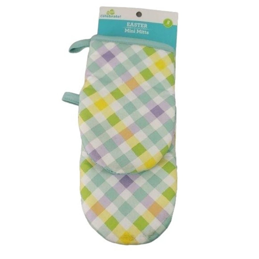 Easter Mini Teal White Pink Colored Oven Mittens MITT 2 Pack Grabbers Hand